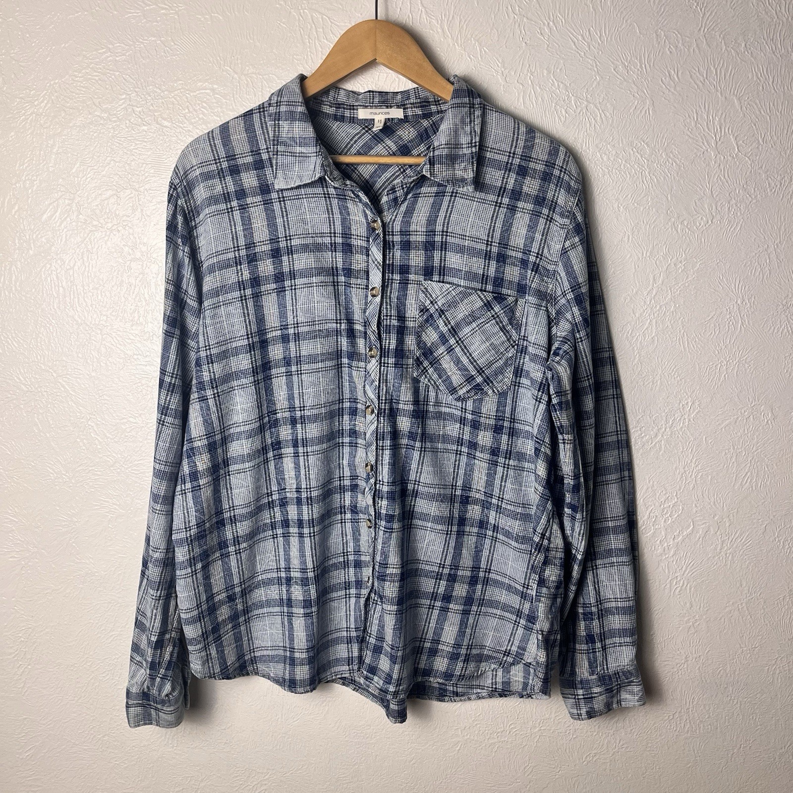 Maurices Cabin Plaid Button Down Shirt Womens XL Blue White Cotton
