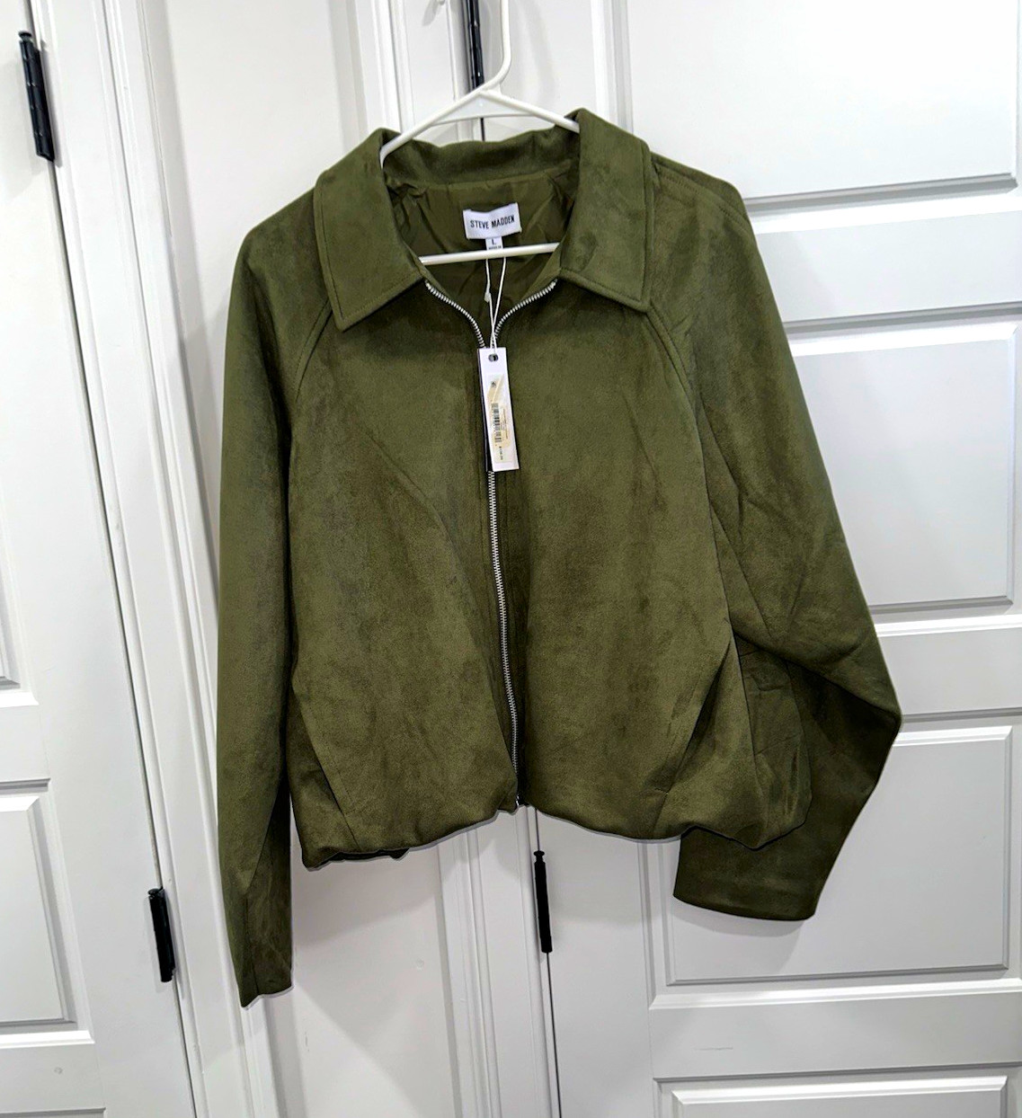Steve Madden Women\'s Green Faux Suede Lined Zip Jacket, Relaxed Fit Size L