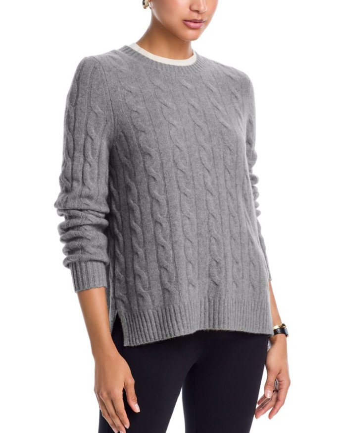 C Designer 100% Cashmere Grey Crewneck Cable Knit Sweater - Medium - msrp $228