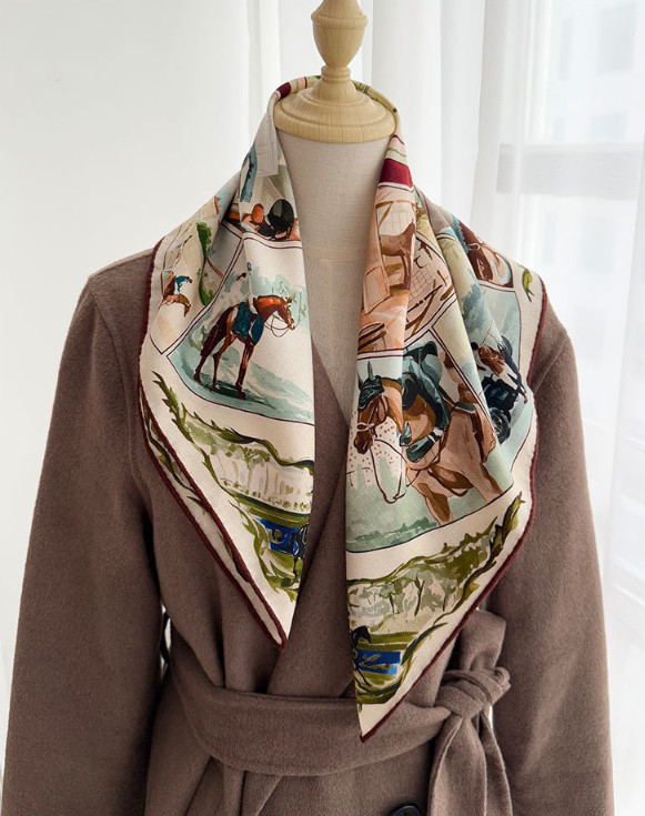 70% Cashmere 30% Silk Scarf Double Face Bandana horse Print 65X65cm Shawl new