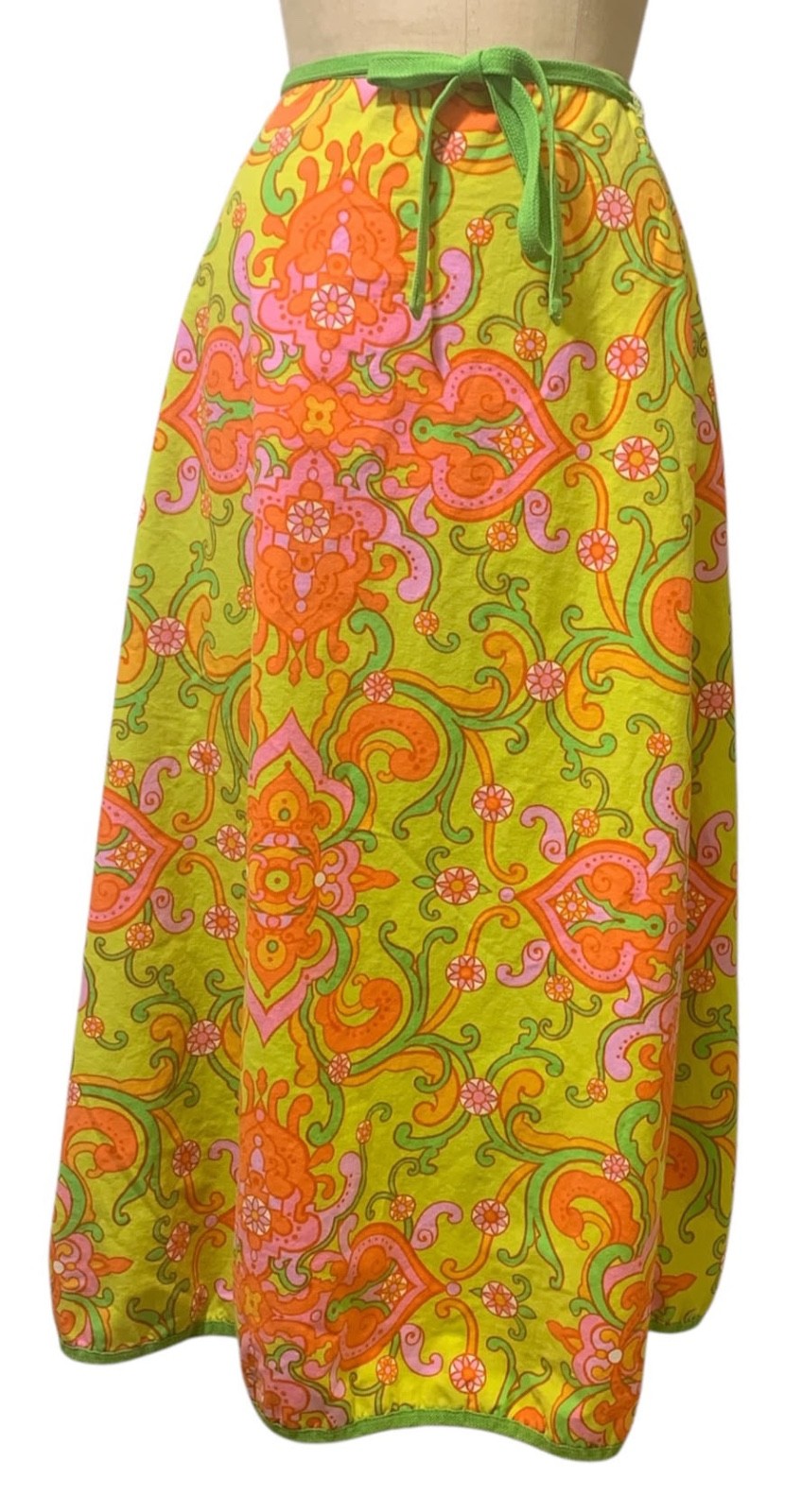 Vintage 60s/70s Women\'s Psychedelic Floral Wrap Skirt - Sz M Pink Green Orange