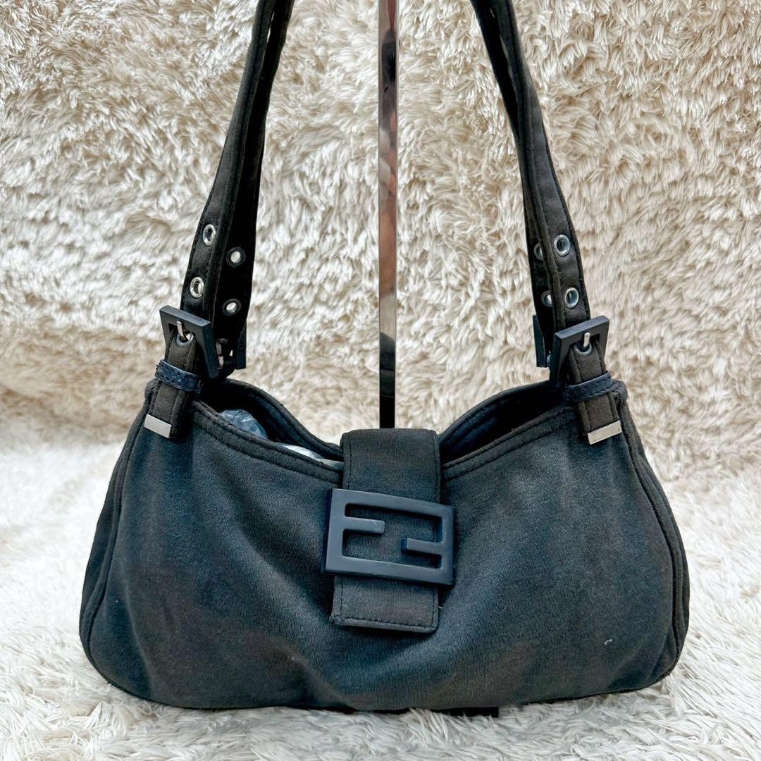 FENDI Mamma Baguette Canvas Gray Shoulder Bag Black FF Buckle Y2K Auth