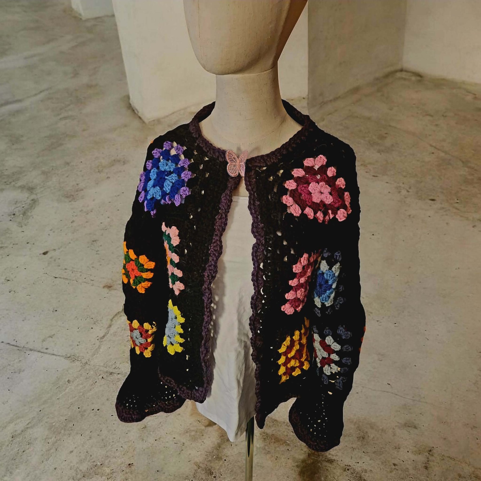Handmade Crochet Granny Square Cardigan Boho Hippie Black Multicolor