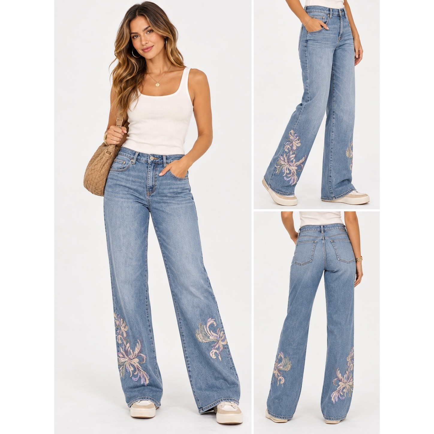 NWT.Chico\'s Embroidered Floral Wide Leg Jeans LiHigh Sz 1R  Us Sz 8 R