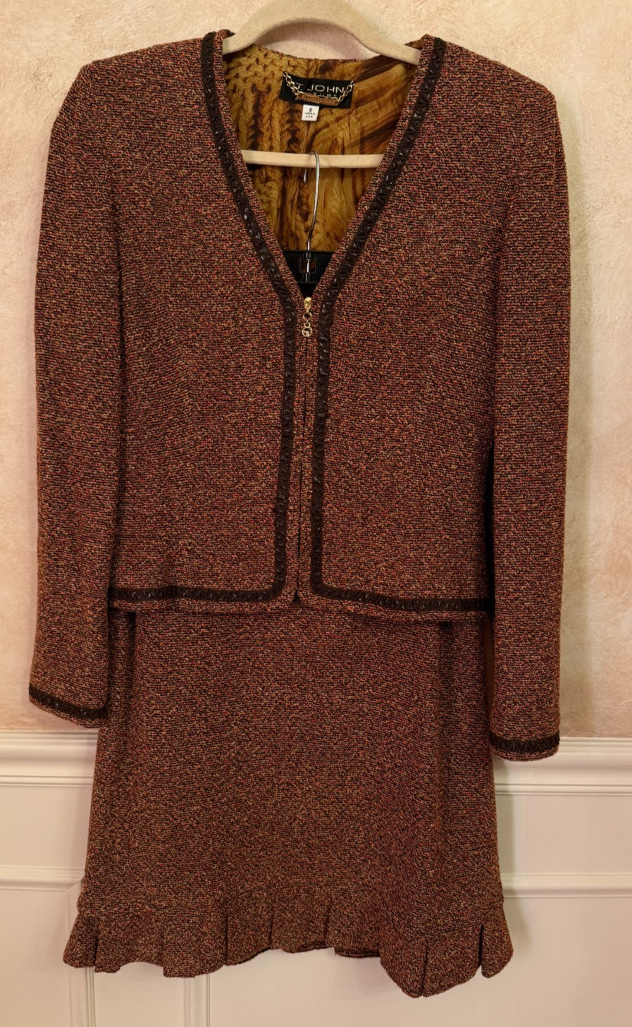 St. John Couture Multicolor Boucle Zip Front Jacket Straight Skirt Suit SZ 8