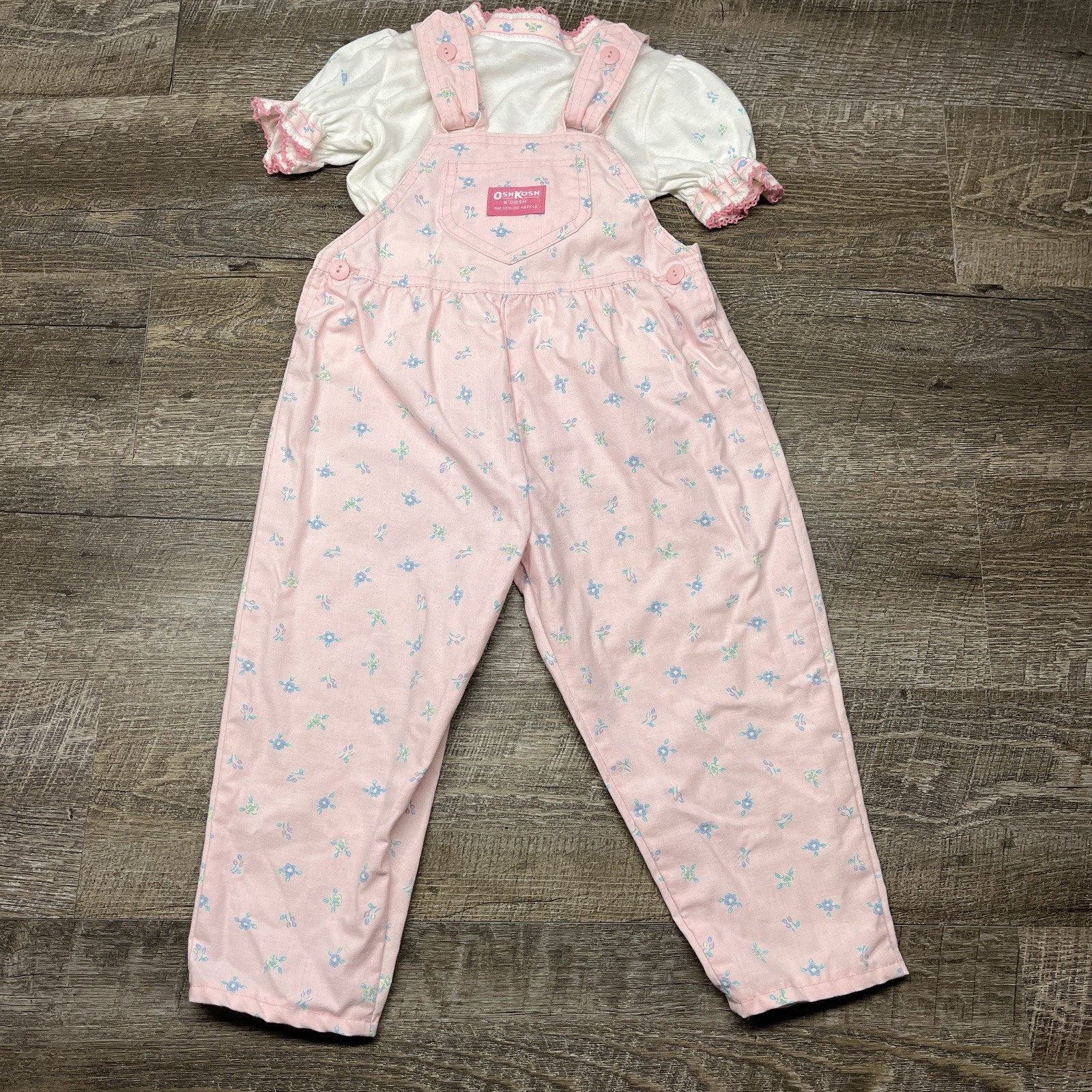 ⁠Vintage OshKosh B\'gosh Overalls Size 3T Pink Floral AOP Bow Back USA