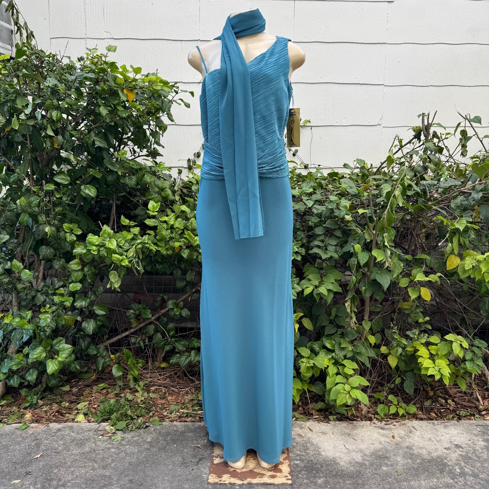 Vintage Pelicana Teal One-Shoulder Ruched Gown with Scarf Size Large