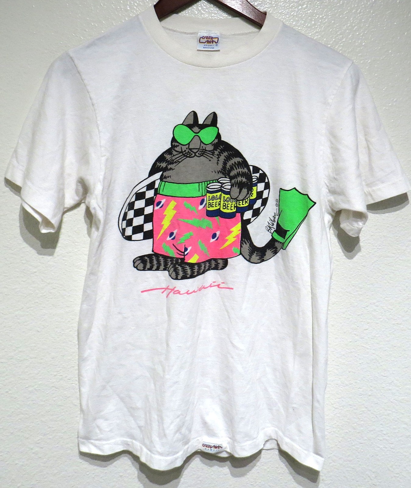 vtg B. Kliban SURF CAT t-shirt SMALL Crazy Shirts Lolo Beer 90s USA Beach Hawaii