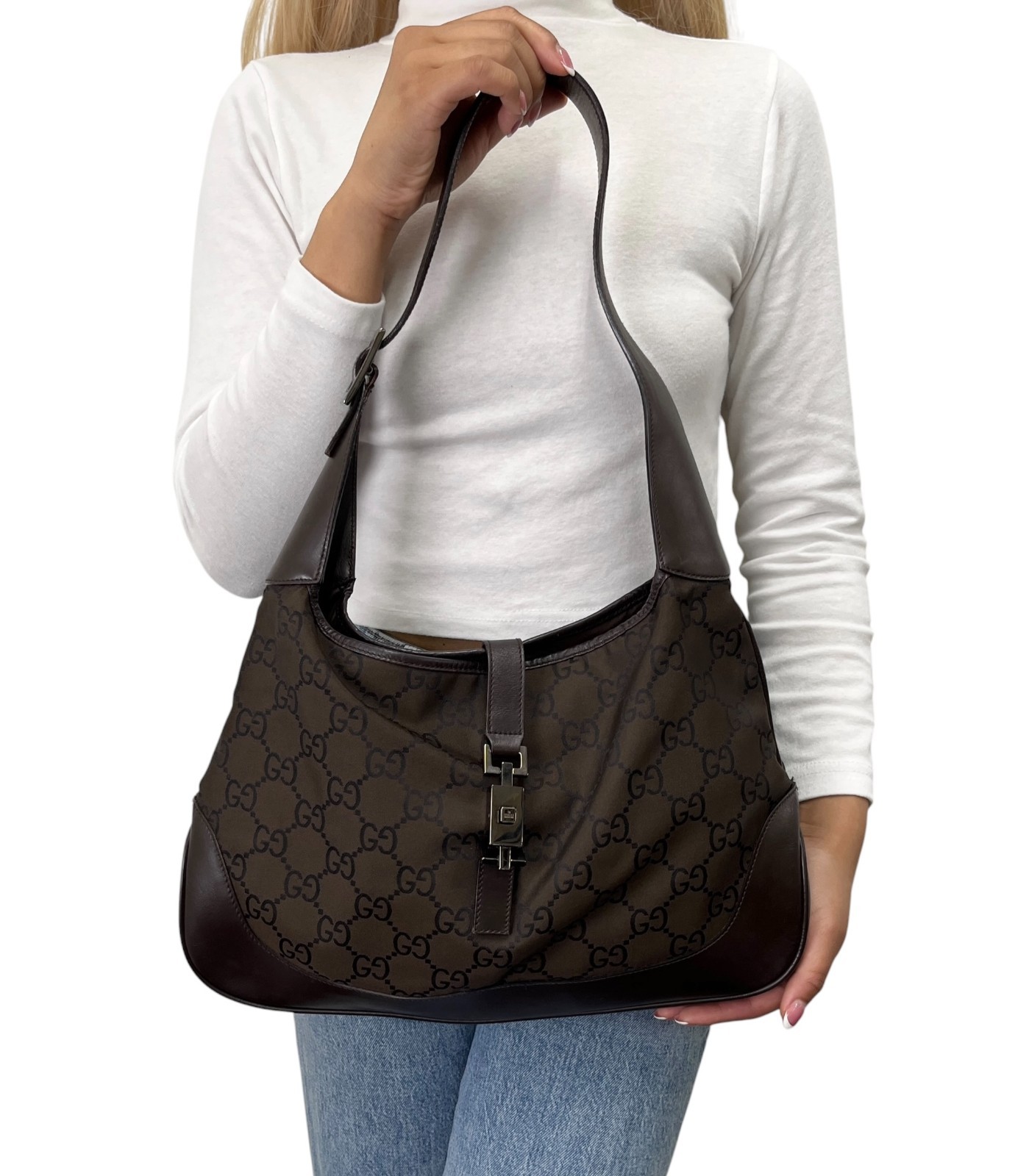GUCCI Vintage Logo Jackie Shoulder Bag Dark Brown Silver Canvas Leather 902341