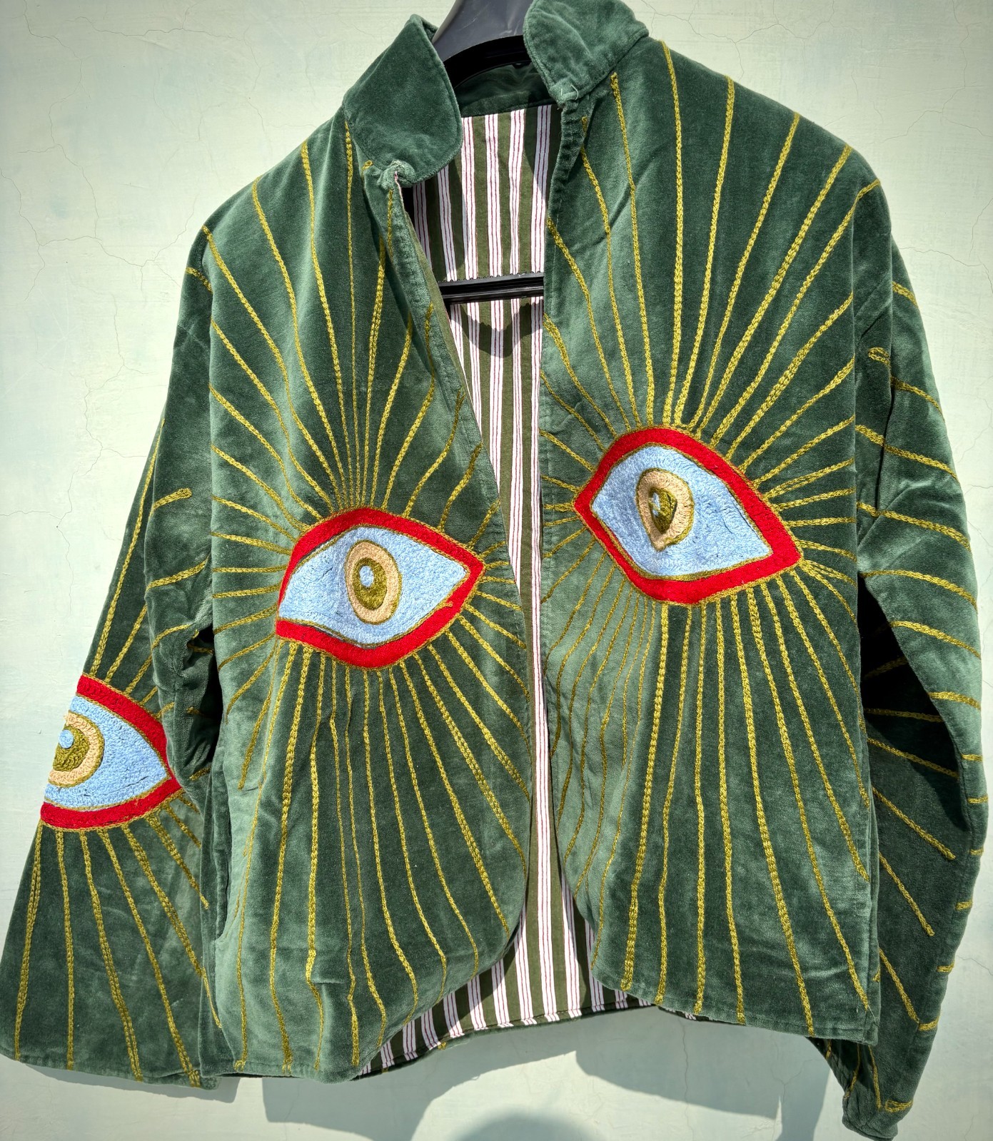 Vintage Green Velvet Jacket Embroidered Evil Eye Sunburst Boho Festival Coat