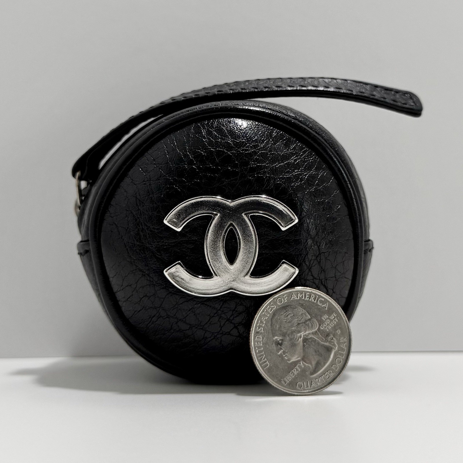 Chanel Mini Round Black Silver CC Circle Accessory Pouch Super Rare Micro Zipped