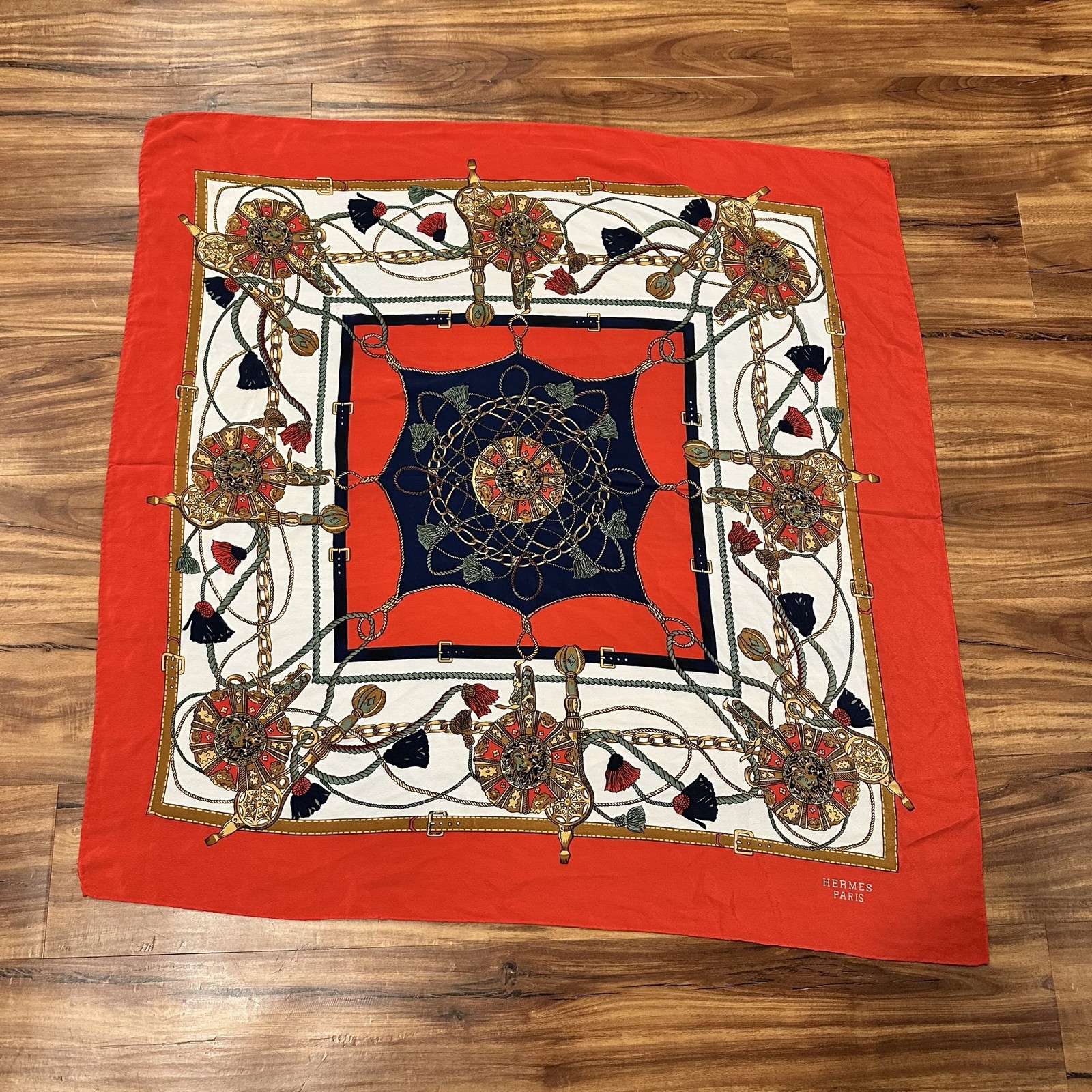 Hermes Paris Scarf Womens 35x35 Orange Silk Square Rope Tassel Logo Print