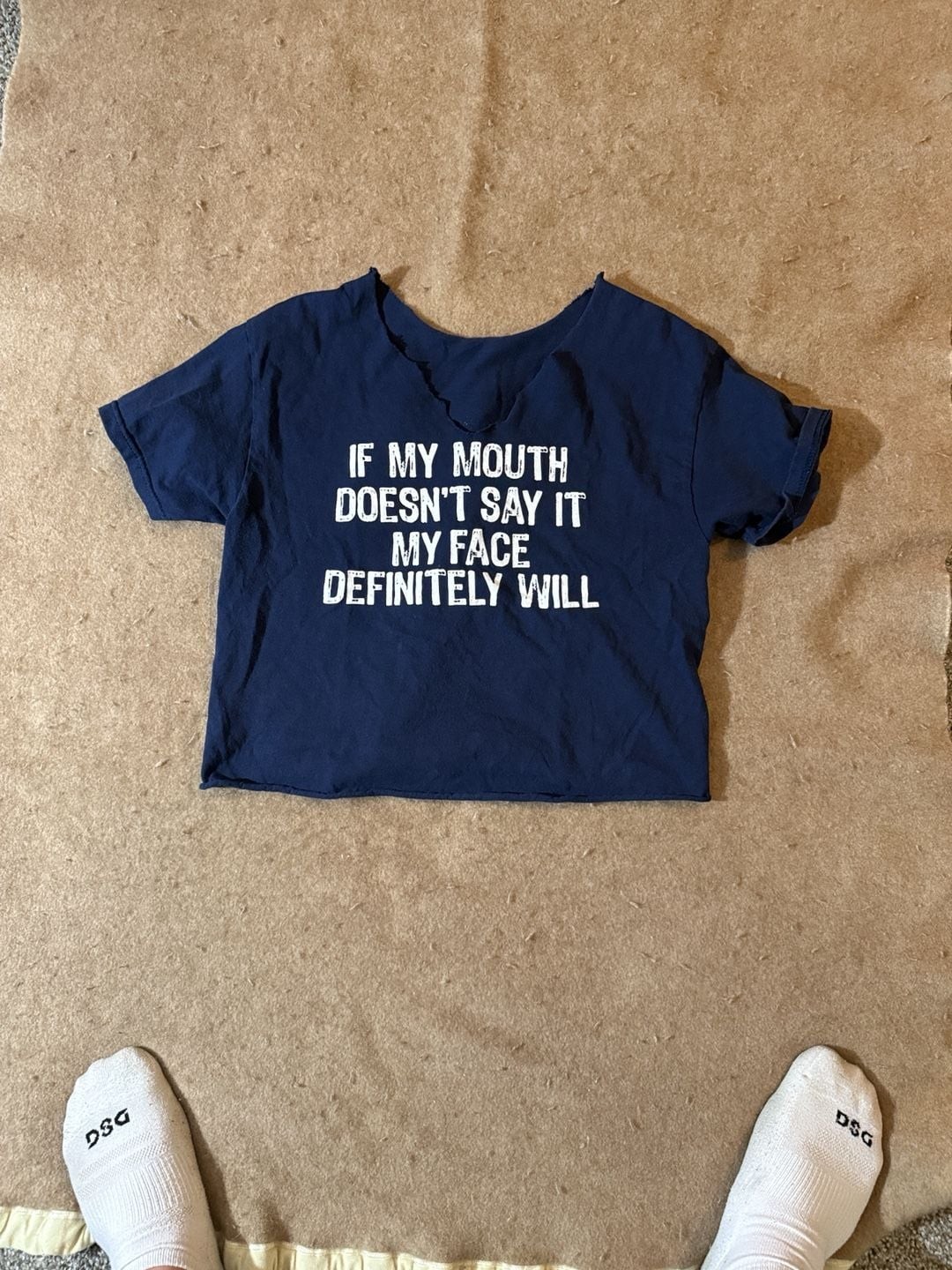 Cute woman’s custom navy blue graphic crop top
