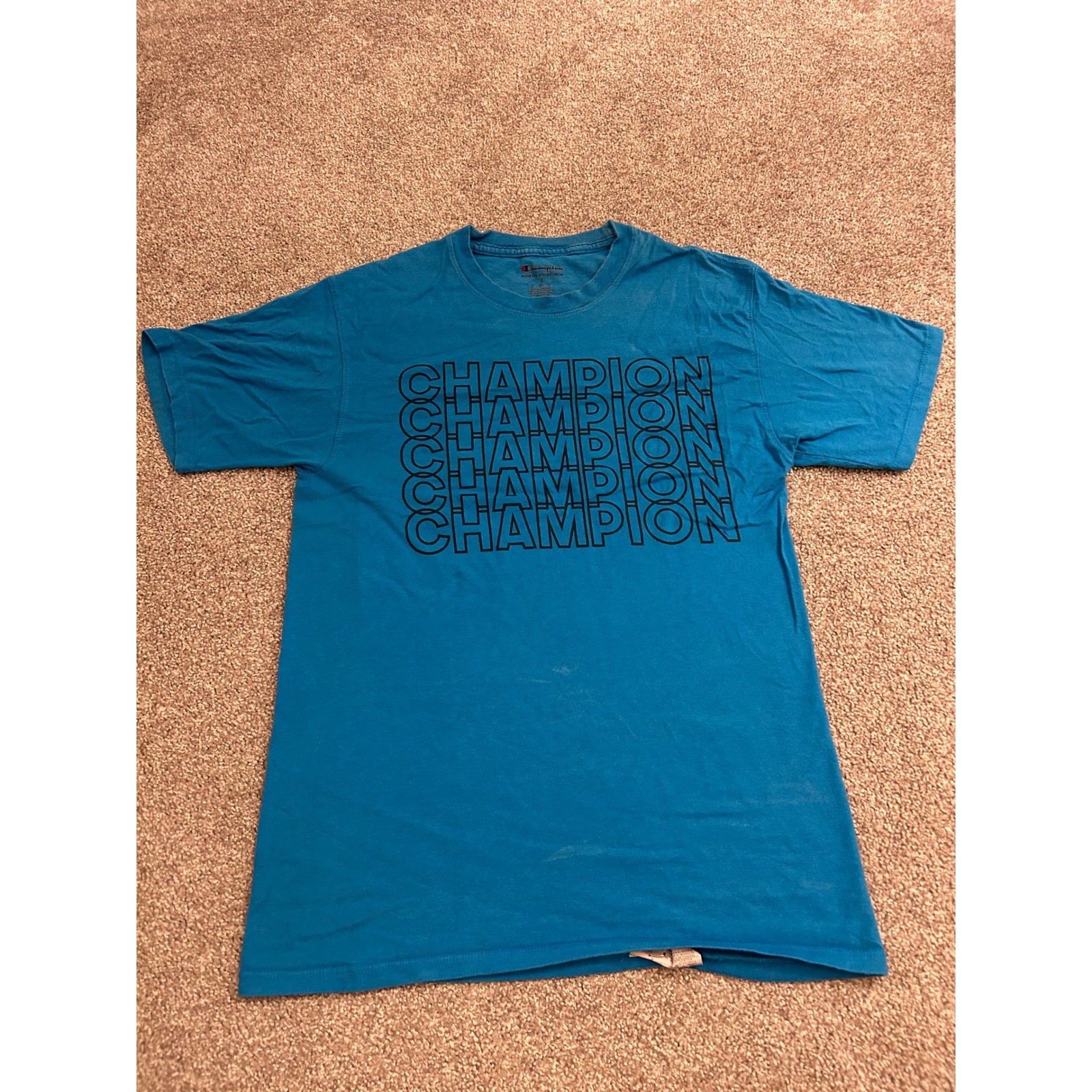 Champion Graphic T-Shirt Mens Small Blue Good Stacked Logo Short Sleeve Cotton
