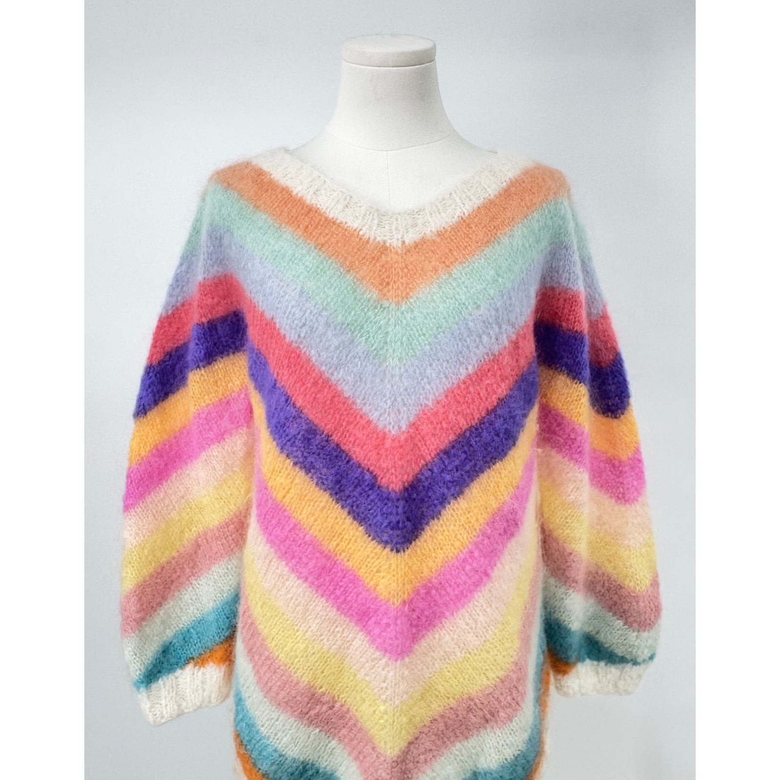 Rose Carmine Mohair Sweater Chevron Stripe Pastel Rainbow Handmade Knit M