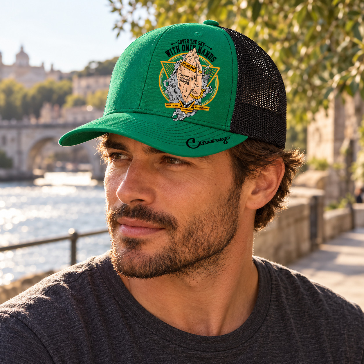 New Green Black Mesh Trucker Cap Praying Hands Print Polyester One Size