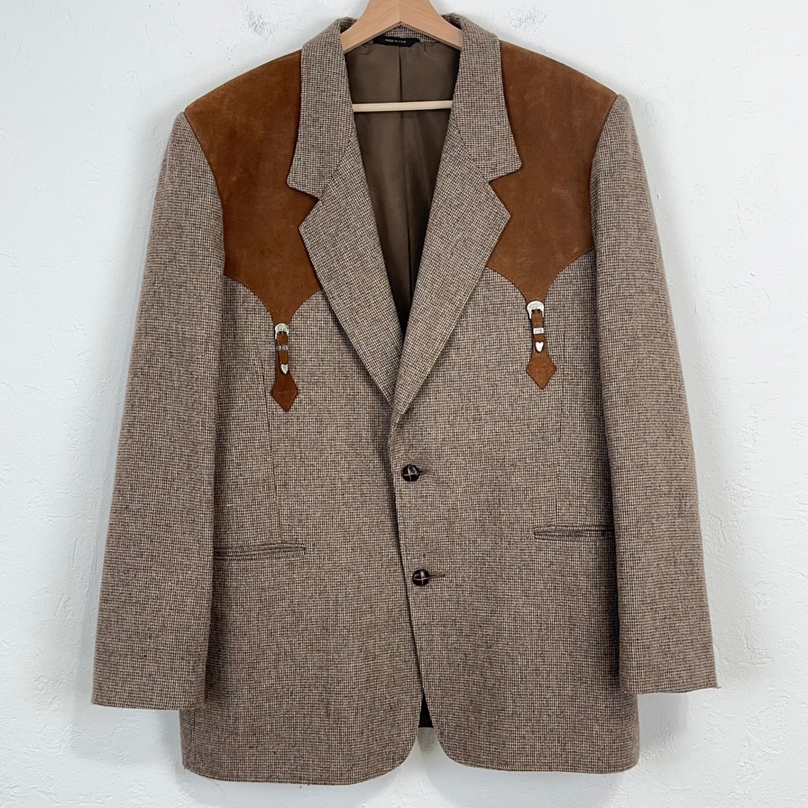 Vintage Pioneer Wear Mens Western Blazer Sz 48 Suede Yoke Buckle Poly Wool Blend