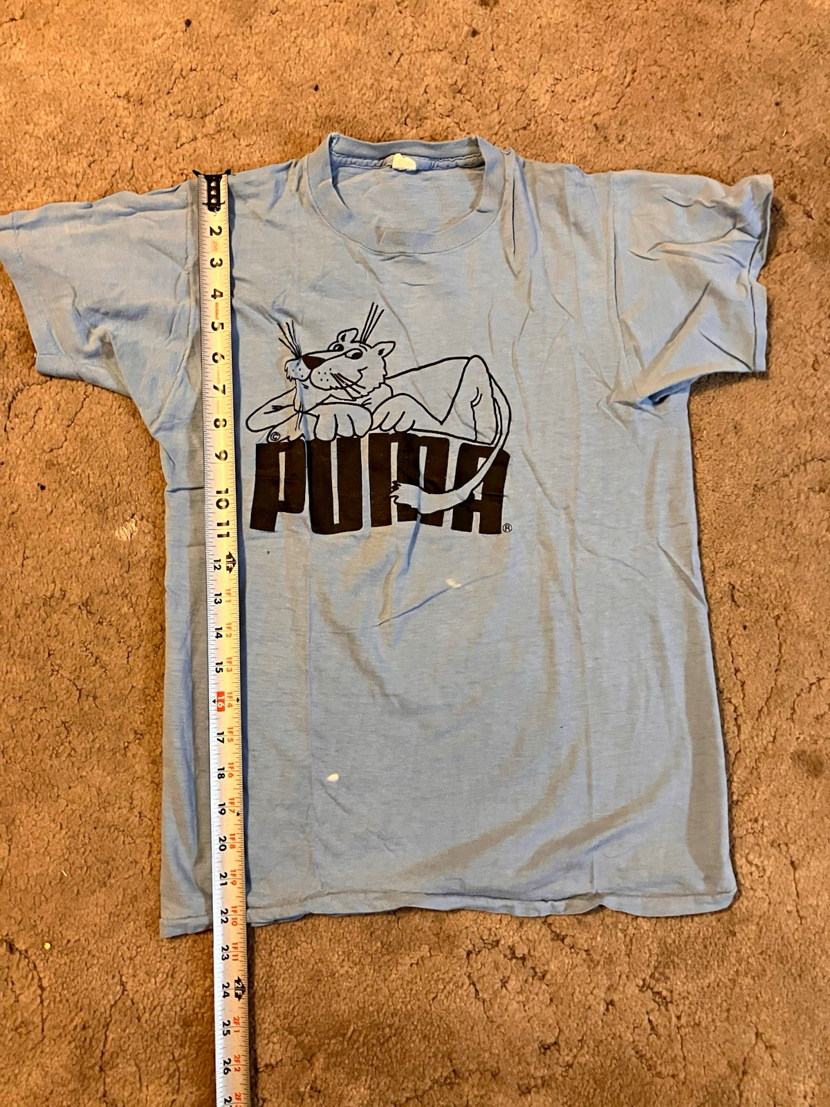 Vintage PUMA T Shirt Large Made USA 70s 80s Big Cat Logo Blue Single Stitch