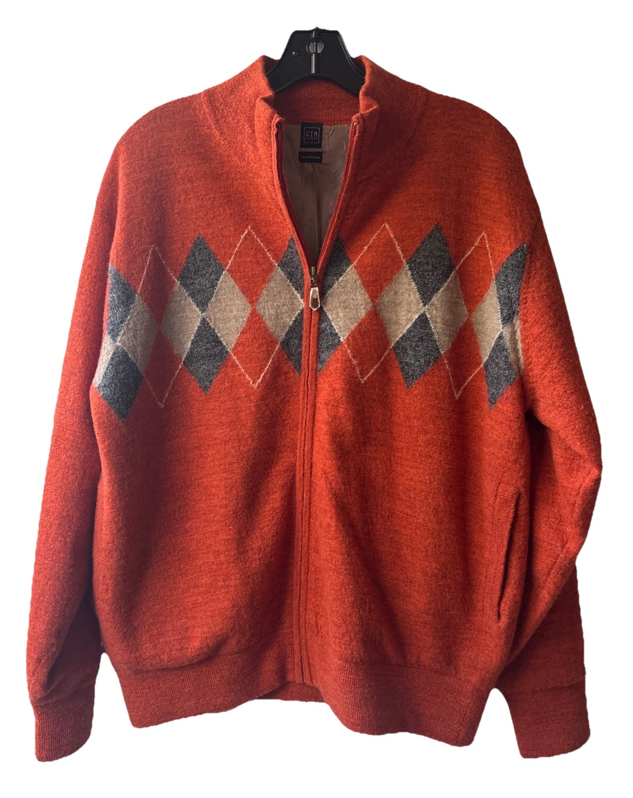 VINTAGE GIM UTMOST 100% Wool Burnt Orange Knit Cardigan Sweater Lining Size M