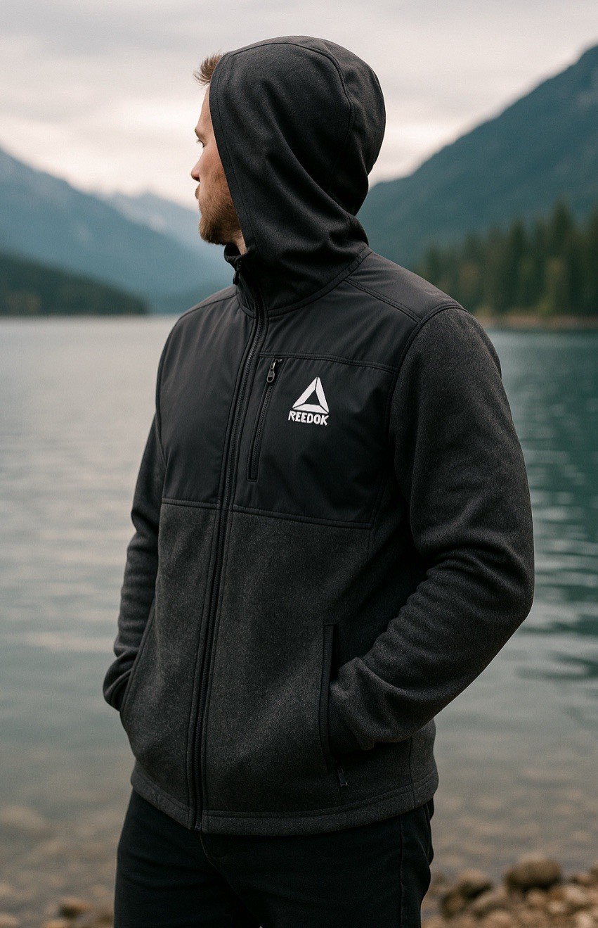 Reebok Men’s Full-Zip Dual-Fabric Hoodie – Heather Gray/Charcoal – Size L