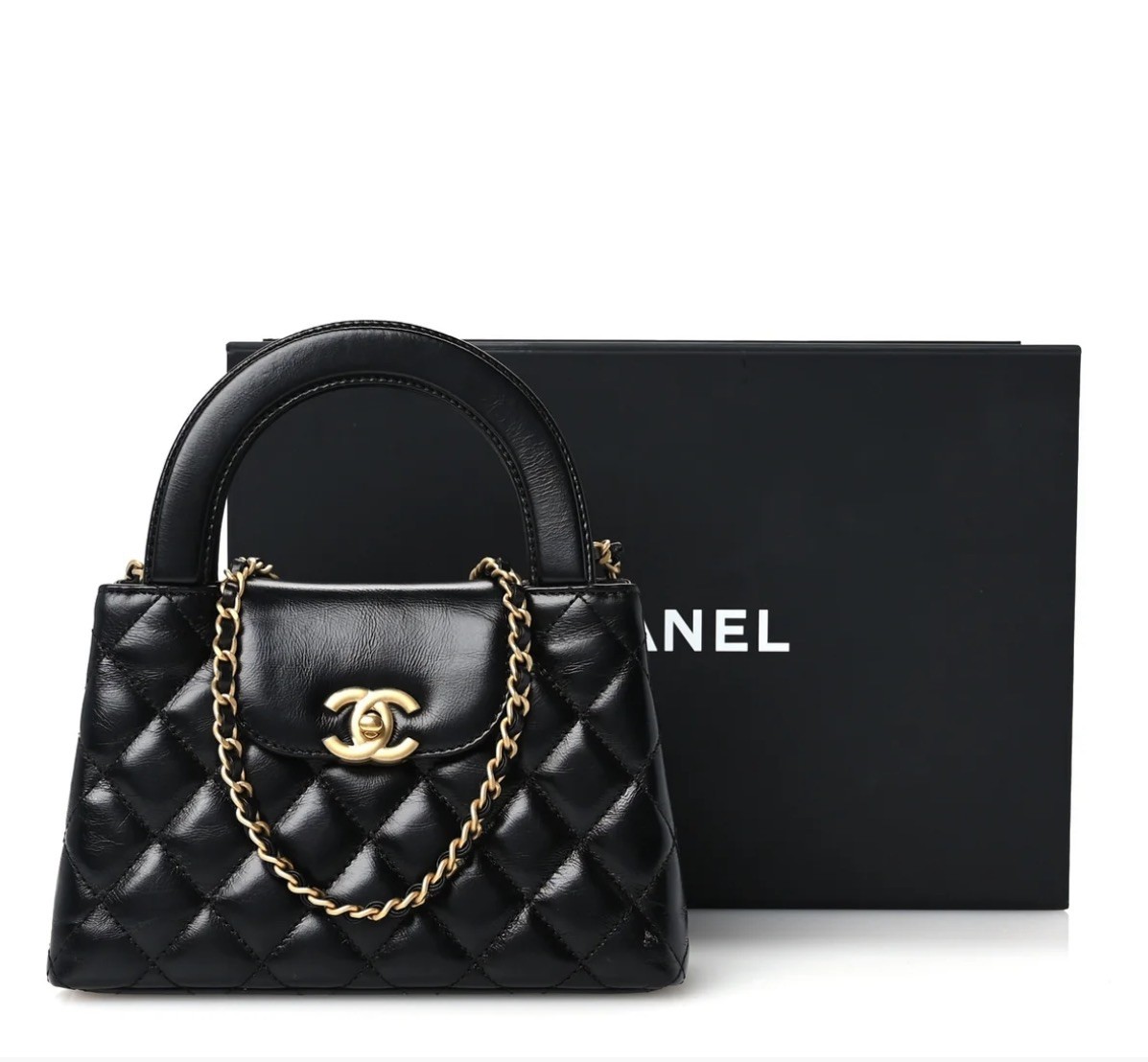 CHANEL Shiny Aged Calfskin Quilted Nano Kelly Shopper Black