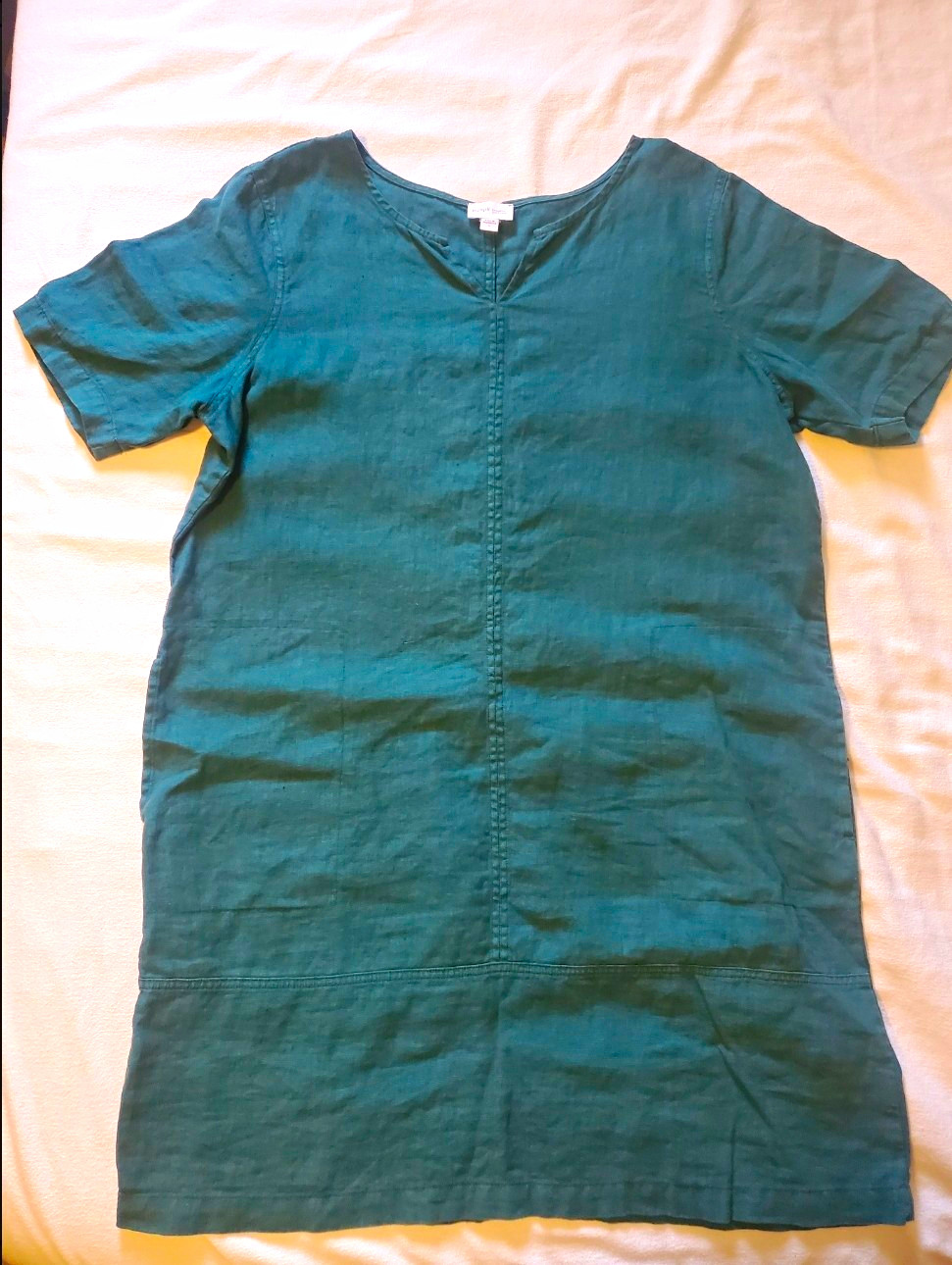 Pure J Jill 100% Linen Green V-Neck Shift Dress Pockets Short Sleeve Size L
