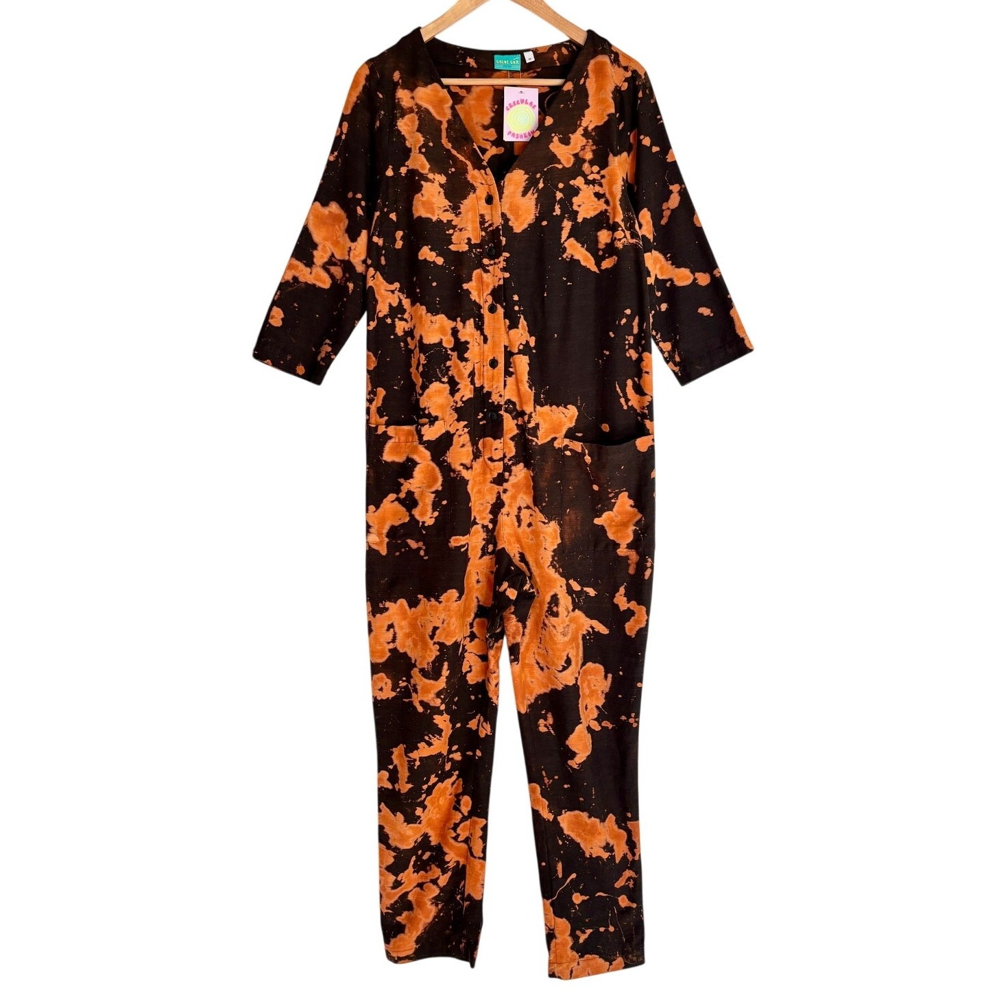 $178 NEW OOAK Upcycled Handmade Black Orange Hand Dyed Cotton Jumpsuit- Medium