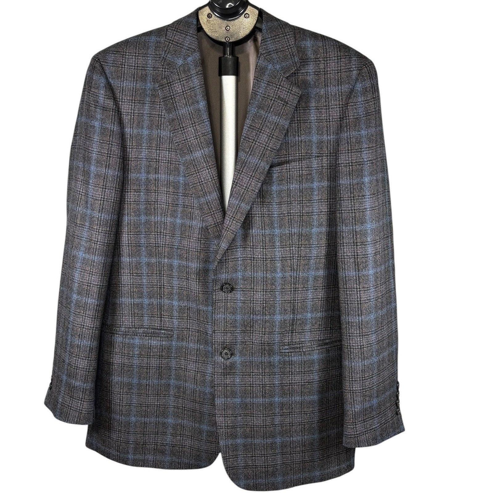 Gary Michaels Clothiers Mens 40L Wool Sport Coat Blazer Grey Blue Glen Plaid