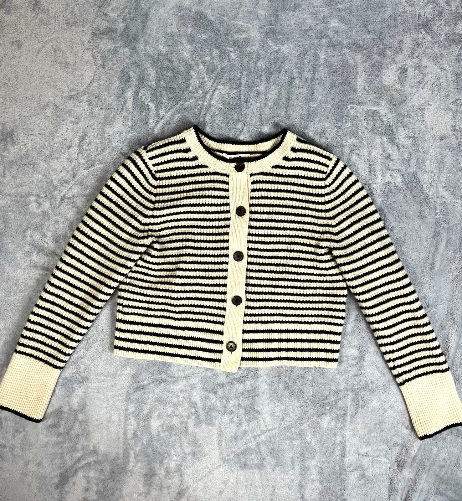 Madewell Black/Ivory Striped Merino Wool Knit Button-Front Cardigan M