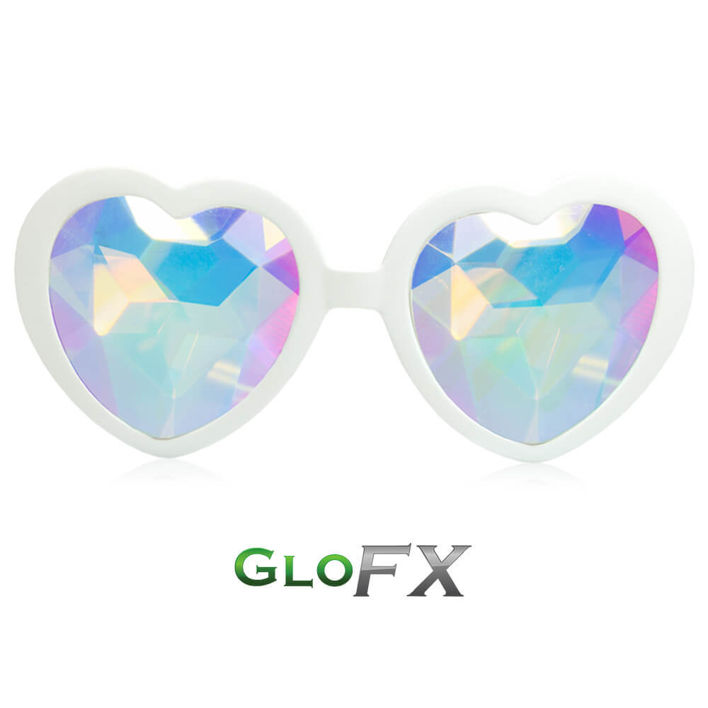 White GloFX Heart Shaped Kaleidoscope Glasses - Kaleidoscopic Raver Prizm Laser