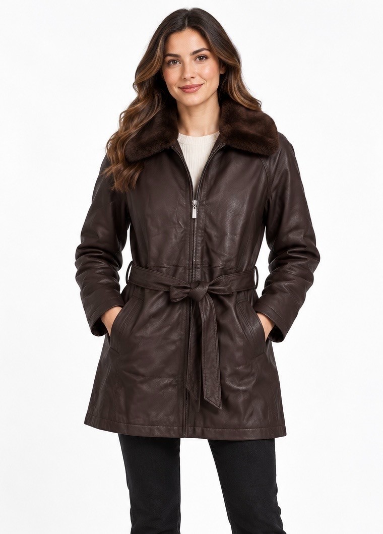 Women’s Genuine Leather Jacket with Removable Fur Collar and Zip-Out Lining