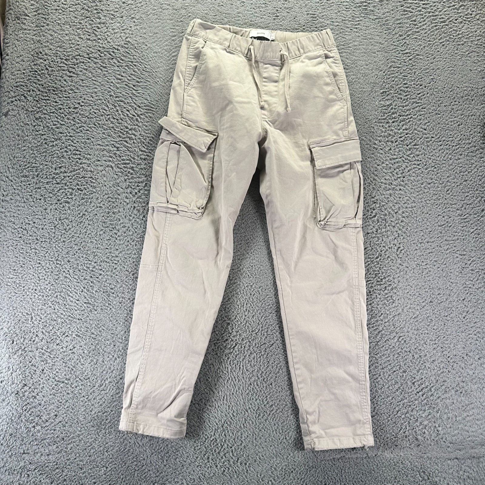 Bershka Pant Mens S Beige Cotton Cargo Straight Leg Utility Workwear Stretch