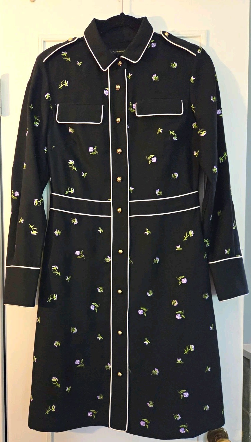 Banana Republic Embroidered Black Floral Shirt Dress Collared Button Front Size2