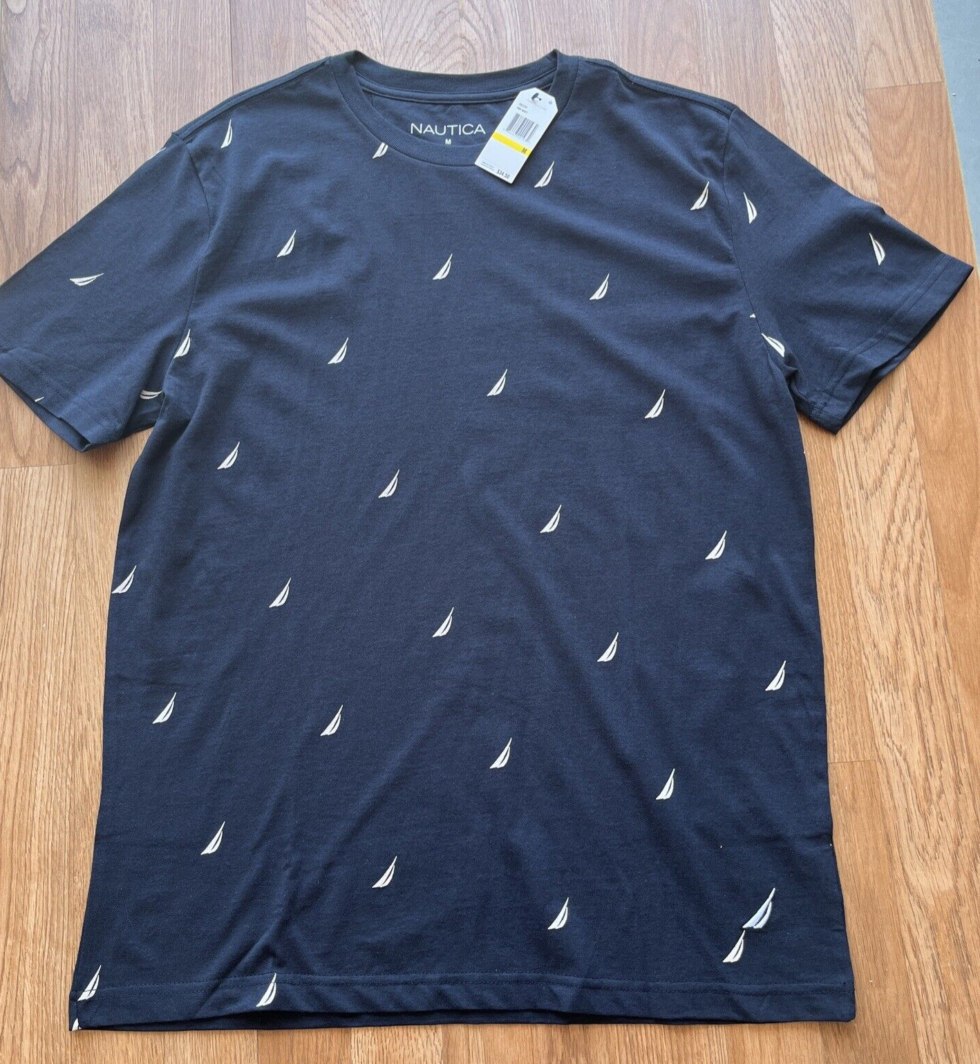 Nautica Men\'s T-Shirt Size Large Navy Blue All Over Logo Print Crew Neck NEW