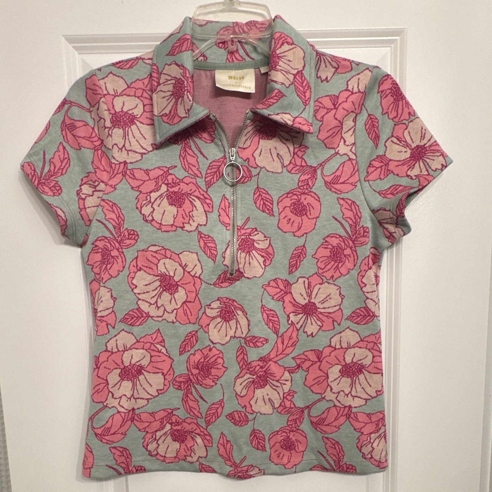 Anthropologie Maeve Floral Jacquard Zip Polo Top Short Sleeve Mint Pink Size M