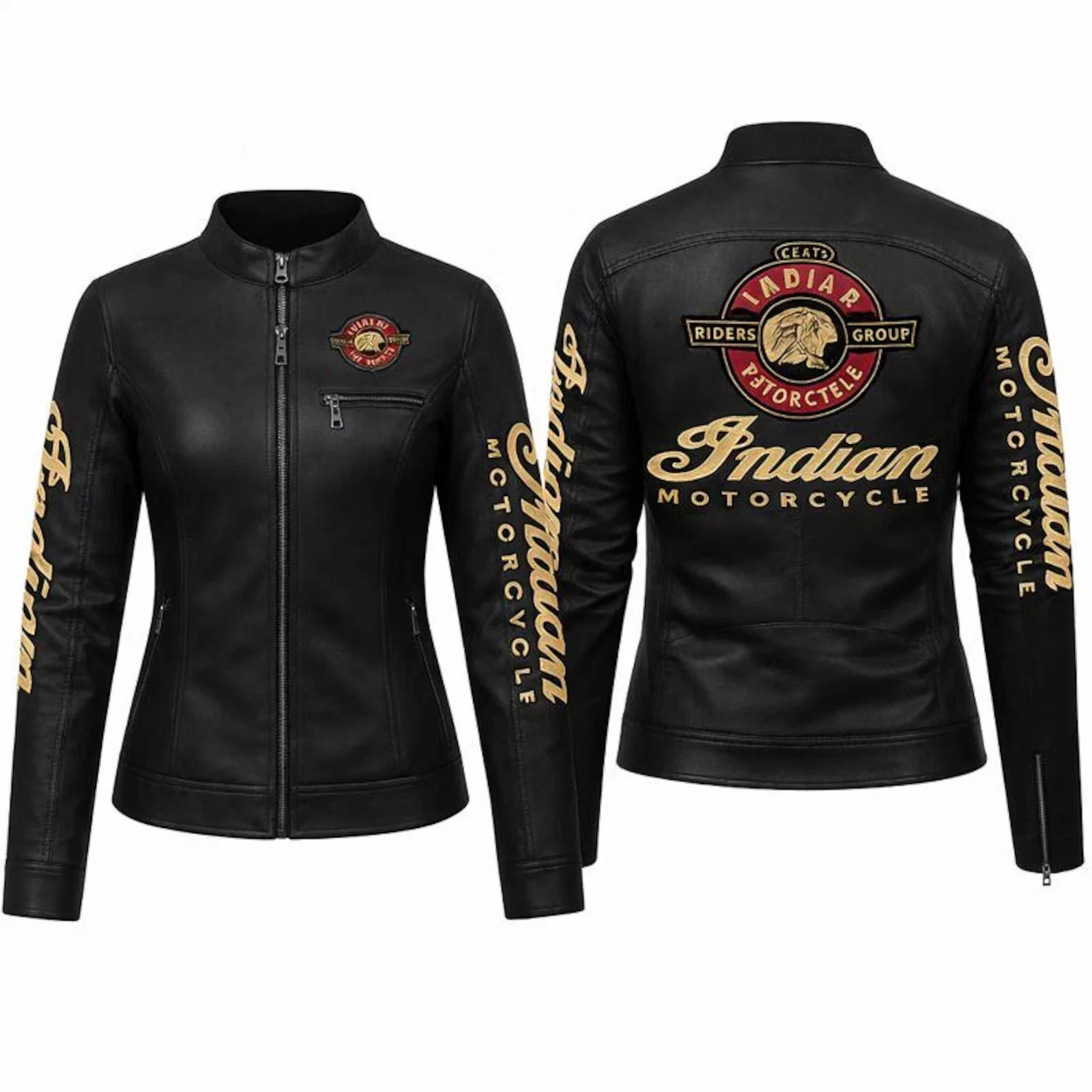 Women's black leather Indian motorcycle jacket ladies embroidered biker jacket
