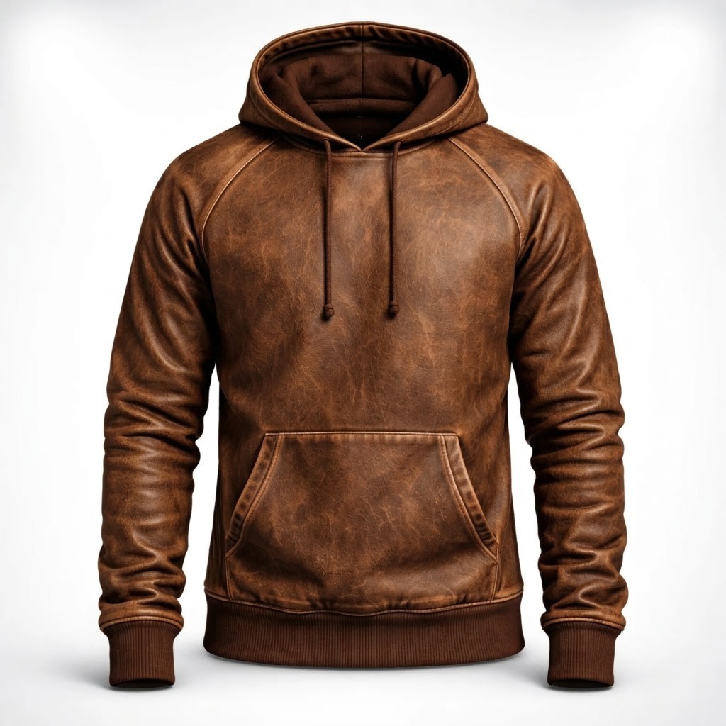 Men\'s Genuine Sheepskin Leather Pullover Hoodie Vintage Hooded Jacket