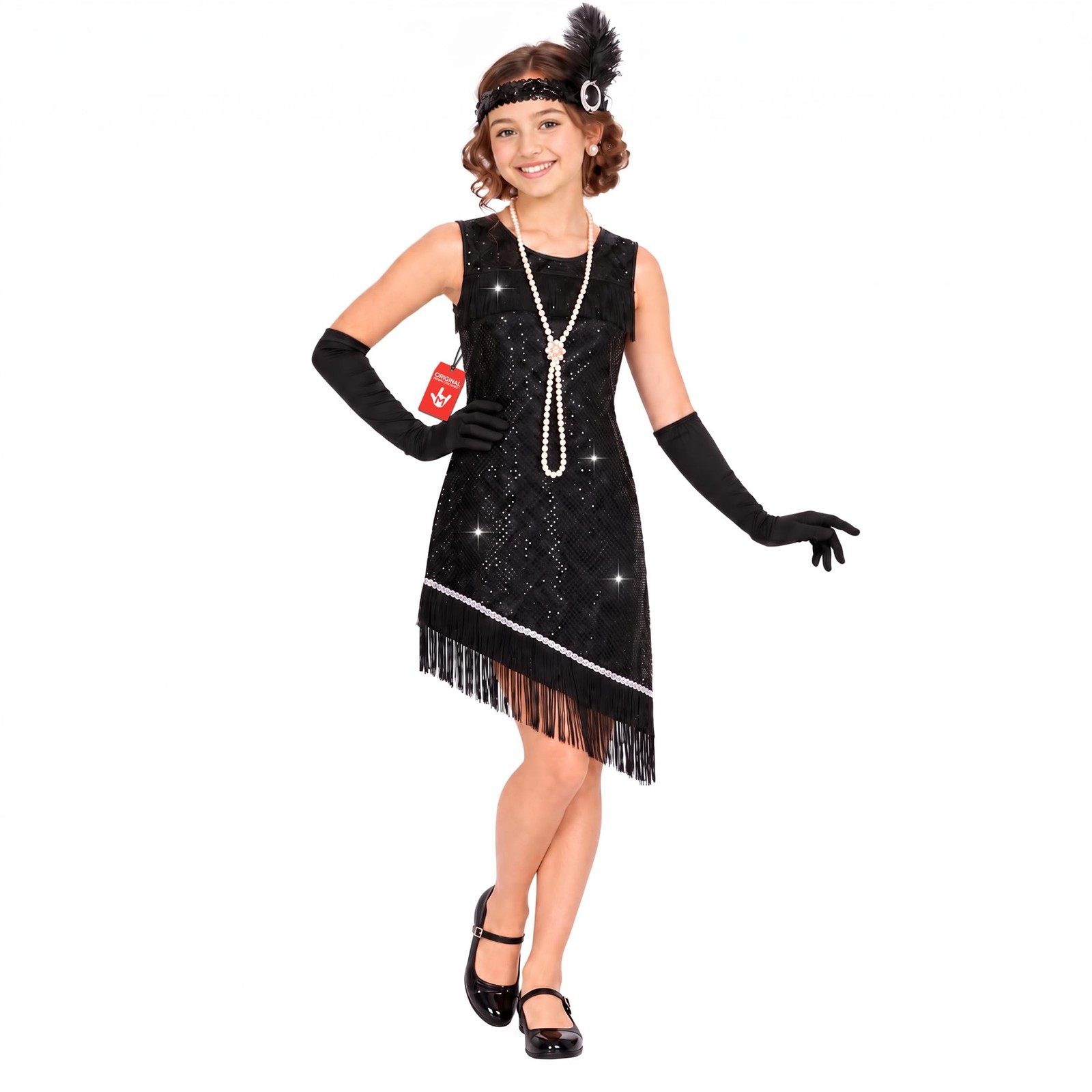 Morph Girls Black Flapper Dress + Gloves 1920s Kids Show Girl Costume S - XL