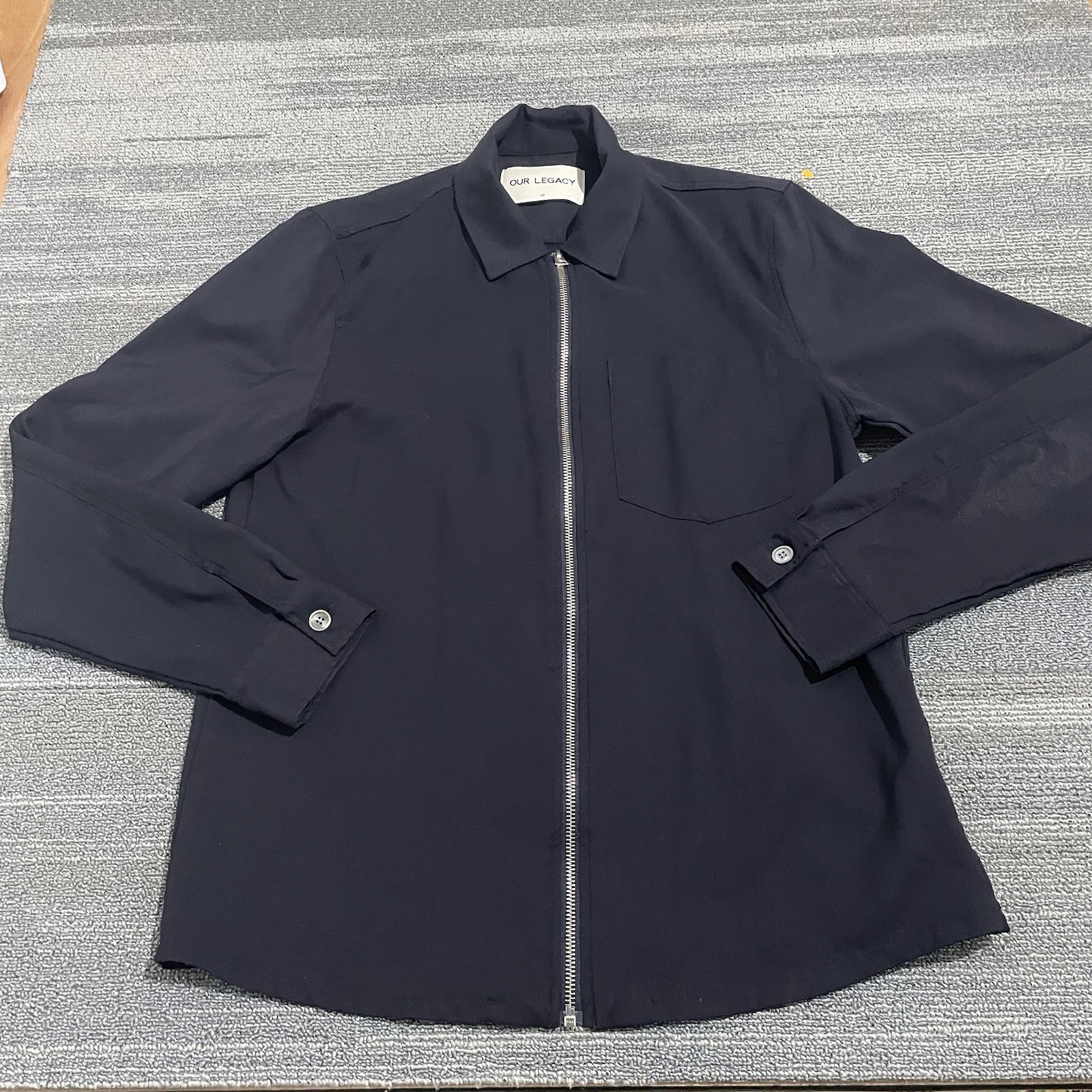 Our Legacy Jacket Mens 48 Blue Navy Virgin Wool Overshirt Bomber Collar Full Zip