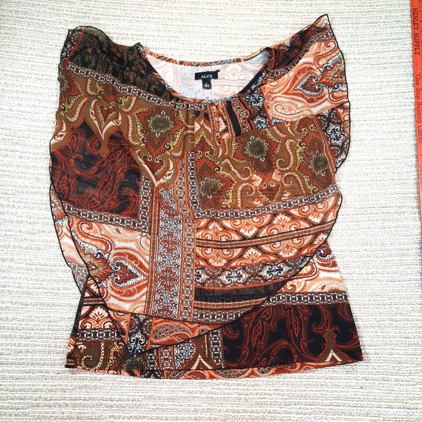 ​ALYX Womens L Paisley Patchwork Sheer Layered Ruffle Sleeve Boho Blouse Top Rus