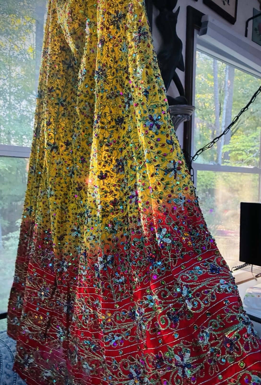 Yellow Red Ombré Indian Lehenga Skirt Heavy Beaded Embroidered Gold Latkans