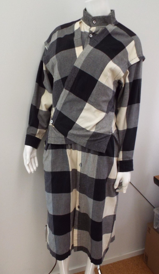 VTG 1980s Issey Miyake Plantation Black & White Plaid Dress Small Thick Collar