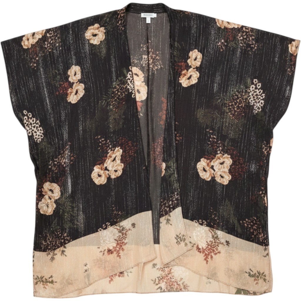 Lovestitch Floral Leopard Kimono Metallic Lurex Wrap One Size Black Cream Boho