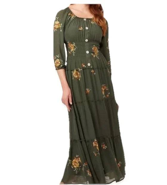 Fig and Flower Embroidered Smocked Tiered Ruffle Maxi Dress Small Boho Hippie