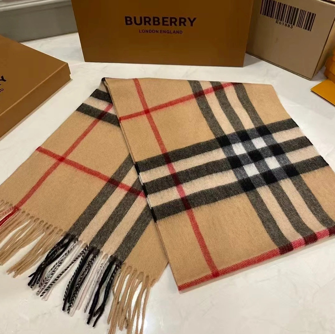 BURBERRY SCARF CASHMERE BEIGE BROWN BLACK CLASSIC