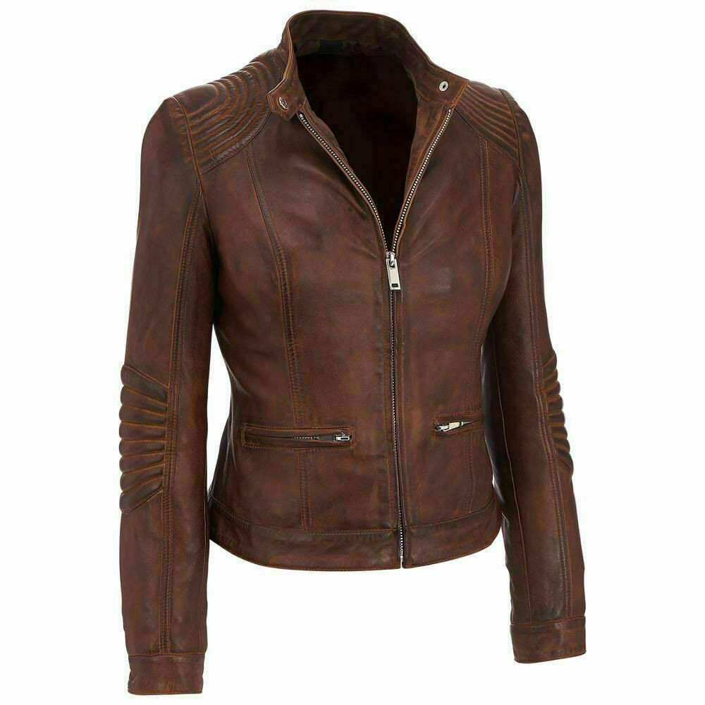 Women Cafe Racer Moto Biker Distressed Brown Vintage Real Leather Jacket