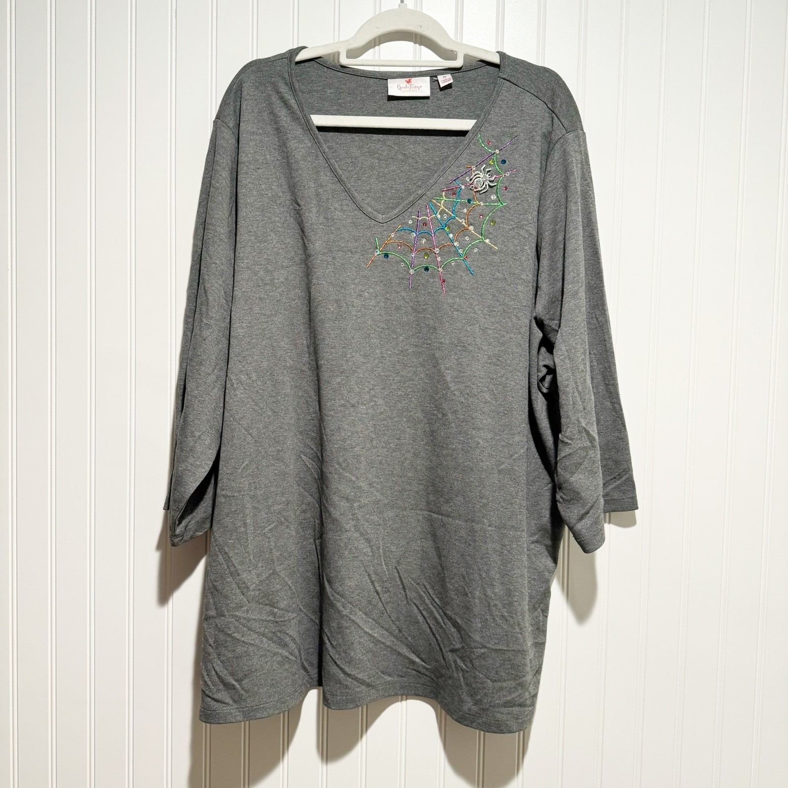 Quacker Factory Gray Halloween Spider Web Rhinestone Top Plus Size 3X 