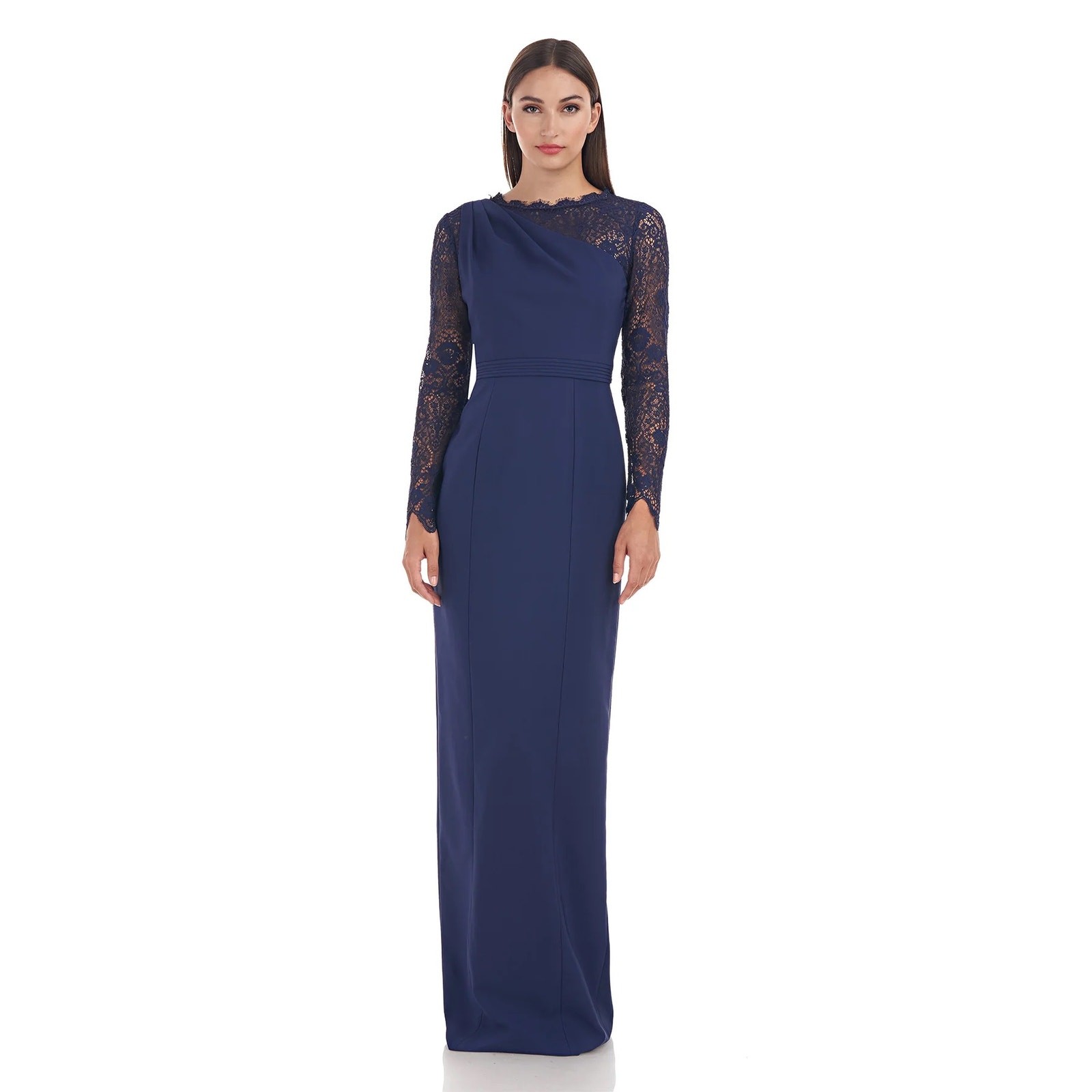 NWT JS Collections Navy Maria Scallop Column Gown 12 Lace Long Sleeve Evening