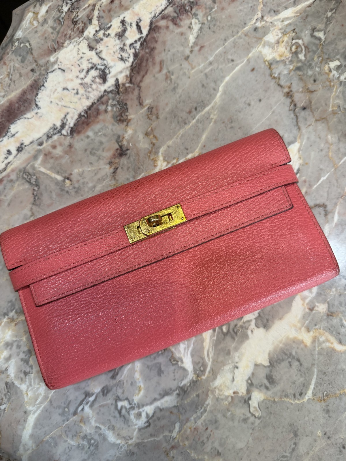 100% Authentic HERMÈS Kelly Classic Long Wallet Pink Leather Gold HW
