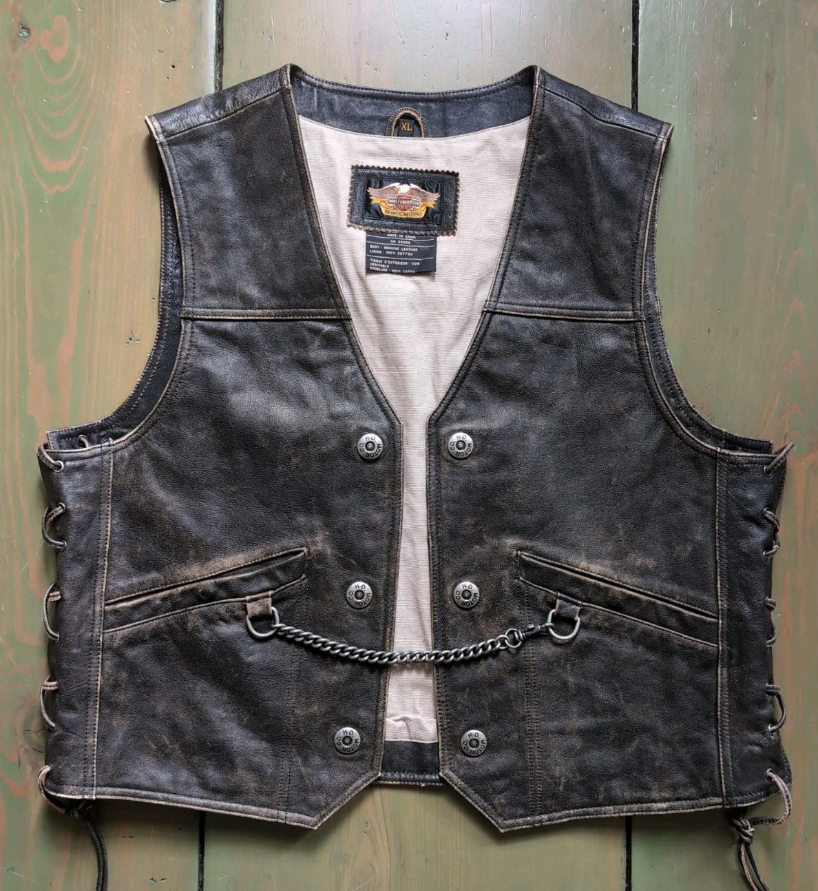 Harley Davidson XL Men\'s PANHEAD Distressed Brown Leather Motorcycle Vest *READ*